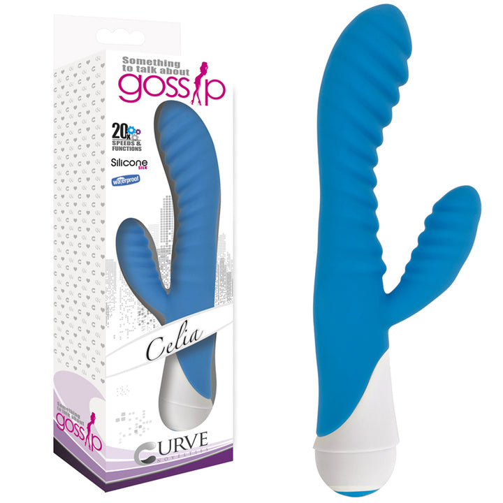 Curve Toys Gossip Celia Waterproof Ribbed Silicone Flexible Dual Stimulation Vibrator Azure