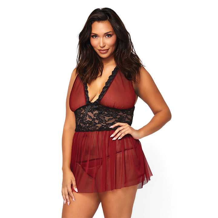 2pc Sheer Halter Babydoll With Floral Lace Empire Waist And Matching G-String 1X-2X Burgundy