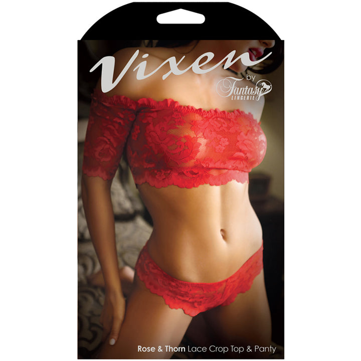 Fantasy Lingerie Vixen Rose & Thorn Lace Crop Top & Panty Red L/XL