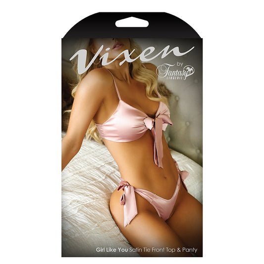 Fantasy Lingerie Vixen Girl Like You Satin Tie-Front Top & Matching Side-Tie Panty Light Pink O/S