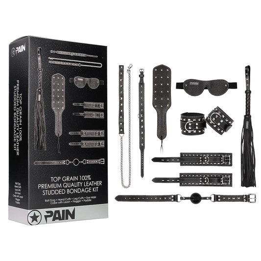 Ouch! Pain 7-Piece Set - Leather Studded Bondage Kit - Black