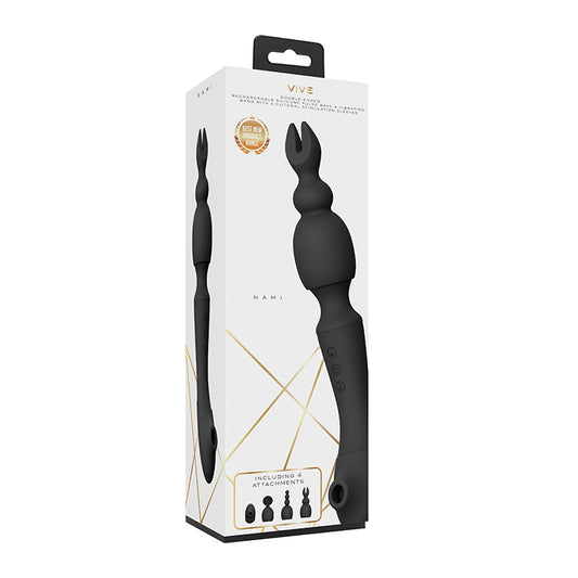 VIVE NAMI Dual-Ended Pulse Wave & Vibrating Wand With Interchangeable Sleeves Black