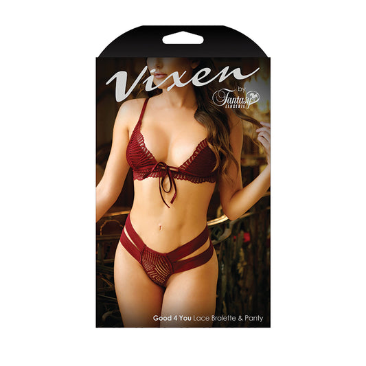 Fantasy Lingerie Vixen Good 4 You Lace Triangle Bralette & Panty Burgundy L/XL