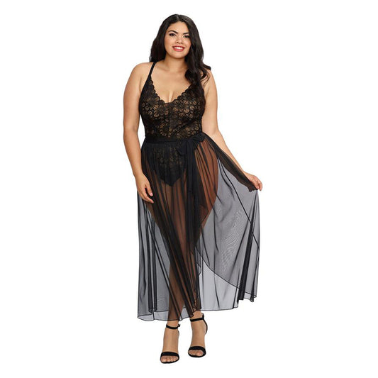 Dreamgirl Teddy & Sheer Mesh Maxi Skirt With G-String Black Queen 3X Hanging