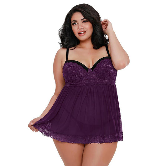 Dreamgirl Stretch Mesh and Lace Babydoll Plum Queen 3X Hanging