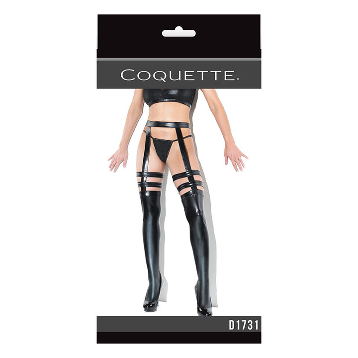 Coquette Thigh-High Wetlook Stockings with Garters Black OSQ Boxed