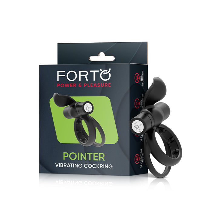 Forto Pointer Rechargeable Silicone Vibrating Dual Cockring with External Stimulator Black